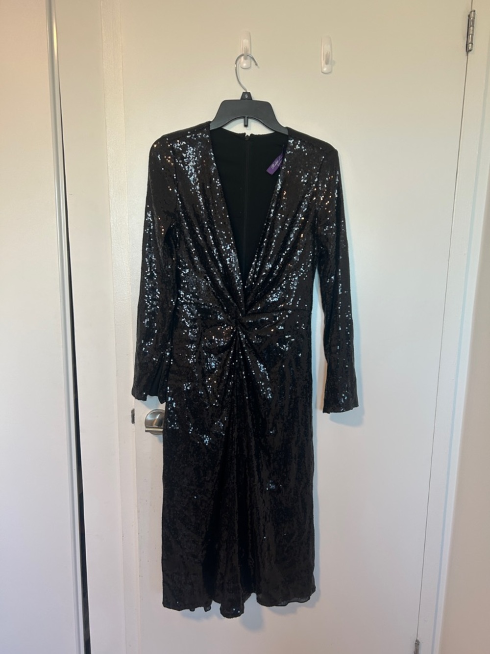 Ralph Lauren Purple Label Black Sequin Twist-Front Long Sleeve Dress
